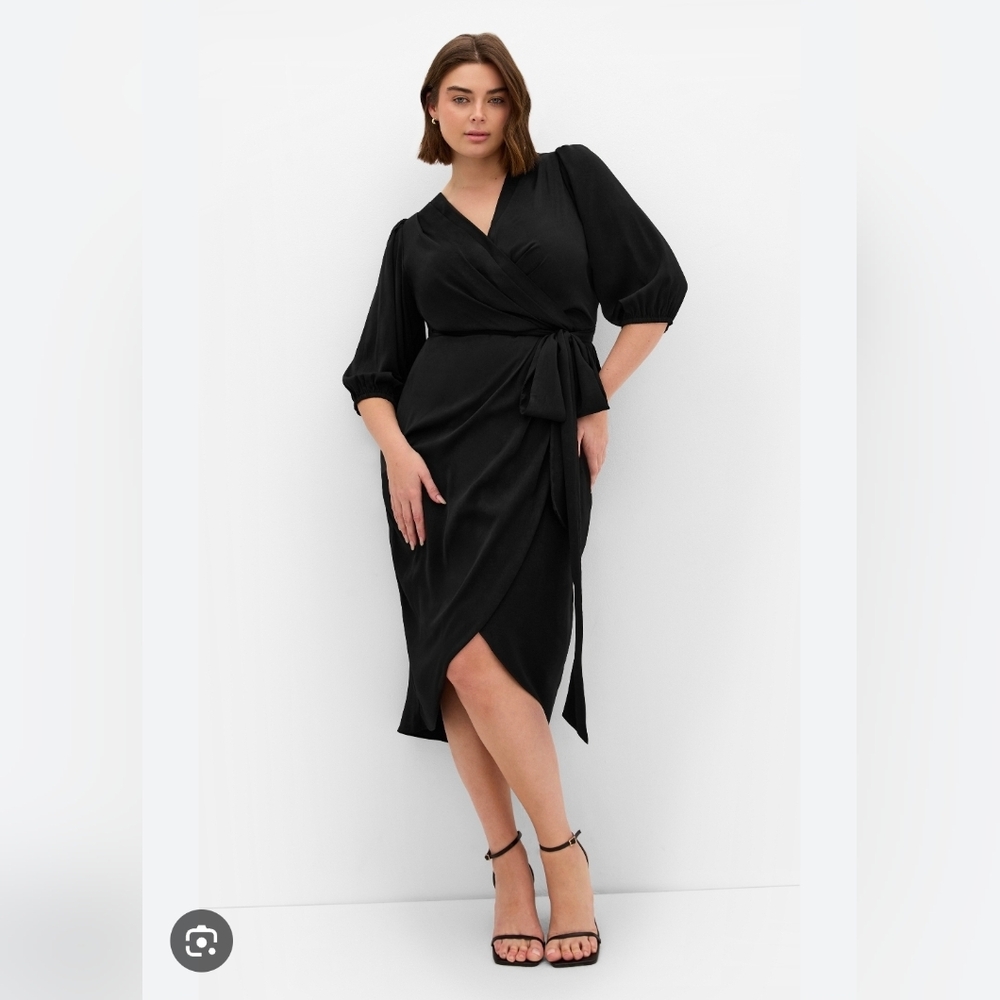 City Chic Black Faux Wrap Midi Dress with Tulip Sleeves - Size 16